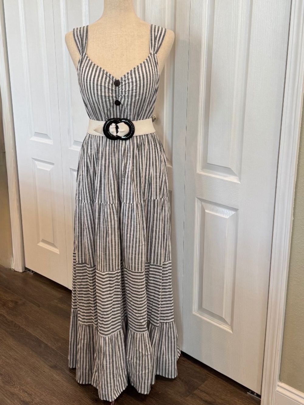 Charlie Paige Striped Tiered Maxi Dress, Small-Tall, Gray & White, 100% Cotton